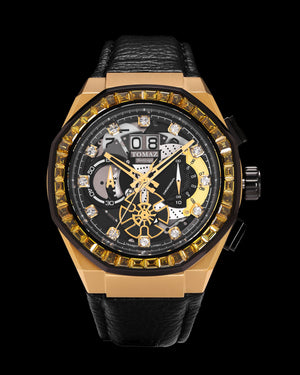 
                  
                    Load image into Gallery viewer, Hexagon TQ023B-D20 (Gold/Black) with Yellow Swarovski Crystal (Black Leather Strap)
                  
                