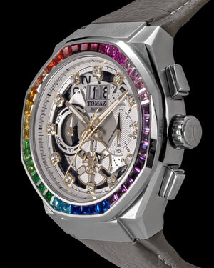 
                  
                    Load image into Gallery viewer, Hexagon TQ023B-D21 (Silver/White) with Rainbow Swarovski Crystal (White Leather Strap)
                  
                