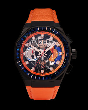 
                  
                    Load image into Gallery viewer, Hexagon TQ023B-D2 (Black/Orange) with Blue Swarovski Crystal (Orange Leather Strap)
                  
                