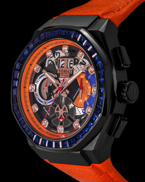 
                  
                    Load image into Gallery viewer, Hexagon TQ023B-D2 (Black/Orange) with Blue Swarovski Crystal (Orange Leather Strap)
                  
                