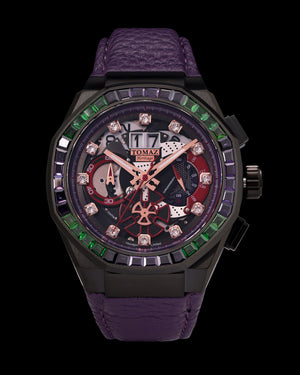 
                  
                    Load image into Gallery viewer, Hexagon TQ023B-D7 (Black/Purple) with Green Purple Swarovski Crystal (Purple Leather Strap)
                  
                