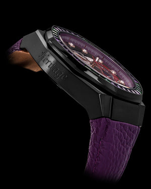 
                  
                    Load image into Gallery viewer, Hexagon TQ023B-D7 (Black/Purple) with Green Purple Swarovski Crystal (Purple Leather Strap)
                  
                