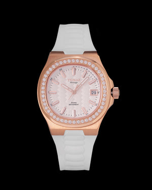 
                  
                    Load image into Gallery viewer, Tomaz Ladies Watch TQ029L-D3 (Rosegold) with White Swarovski Crystal (White Rubber Strap)
                  
                