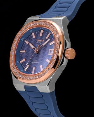 
                  
                    Load image into Gallery viewer, Tomaz Ladies Watch TQ029L-D6 (Silver/Rosegold) with White Swarovski Crystal (Blue Rubber Strap)
                  
                