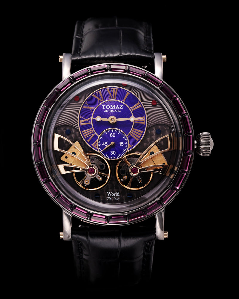 
                  
                    Load image into Gallery viewer, Double Wings Automatic TW001-D11 (Black/Purple) with Purple Swarovski (Black Bamboo Leather Strap)
                  
                