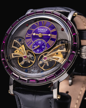 
                  
                    Load image into Gallery viewer, Double Wings Automatic TW001-D11 (Black/Purple) with Purple Swarovski (Black Bamboo Leather Strap)
                  
                