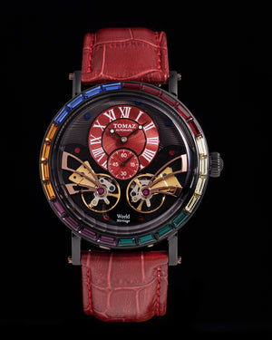 
                  
                    Load image into Gallery viewer, Double Wings Automatic TW001-D12 (Black/Red) with Rainbow Swarovski (Red Bamboo Leather Strap)
                  
                