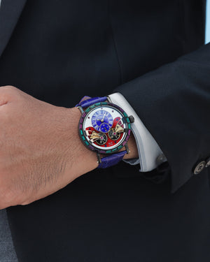 
                  
                    Load image into Gallery viewer, Double Wings Automatic TW001-D14 (Black/Purple/White) with Purple Green Swarovski (Purple Bamboo Leather Strap)
                  
                