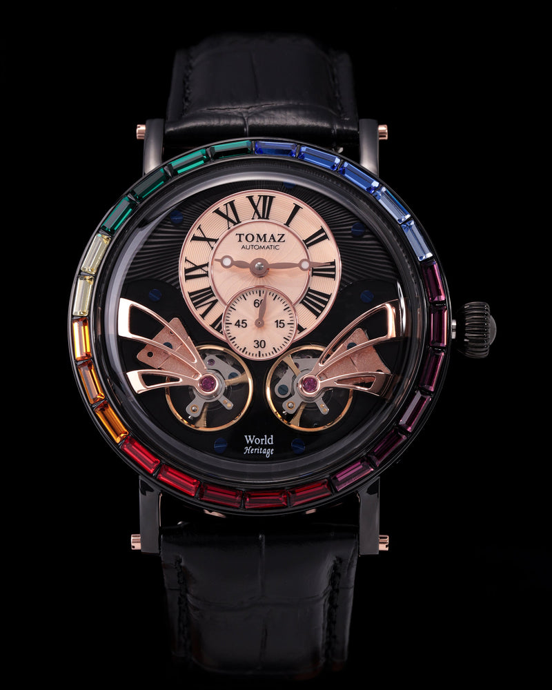 
                  
                    Load image into Gallery viewer, Double Wings Automatic TW001-D2  (Black/Gold) with Rainbow Swarovski (Black Bamboo Leather Strap)
                  
                