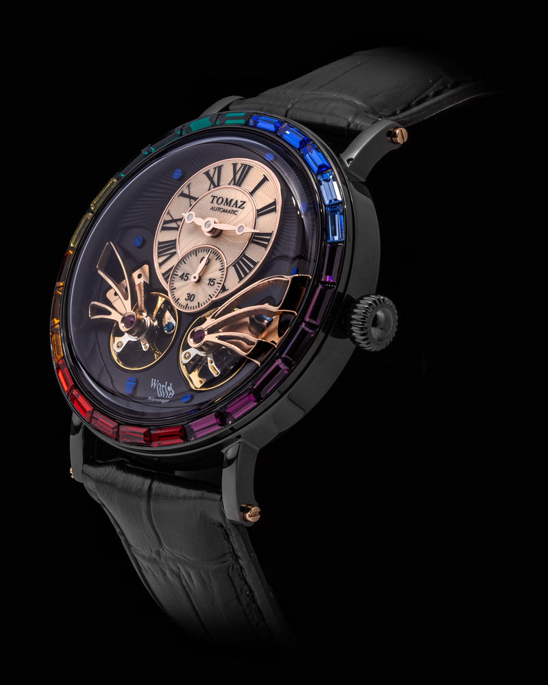 
                  
                    Load image into Gallery viewer, Double Wings Automatic TW001-D2  (Black/Gold) with Rainbow Swarovski (Black Bamboo Leather Strap)
                  
                