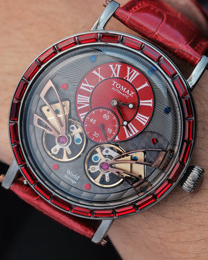 
                  
                    Load image into Gallery viewer, Double Wings  Automatic TW001-D3 (Black/Red) with Red Swarovski (Red Bamboo Leather Strap)
                  
                