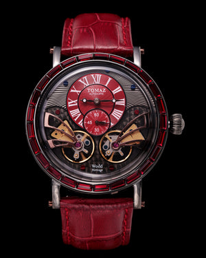 
                  
                    Load image into Gallery viewer, Double Wings  Automatic TW001-D3 (Black/Red) with Red Swarovski (Red Bamboo Leather Strap)
                  
                