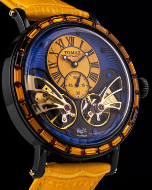 
                  
                    Load image into Gallery viewer, Double Wings Automatic TW001-D4 (Black/Yellow/Blue) with Yellow Swarovski (Yellow Bamboo Leather Strap)
                  
                