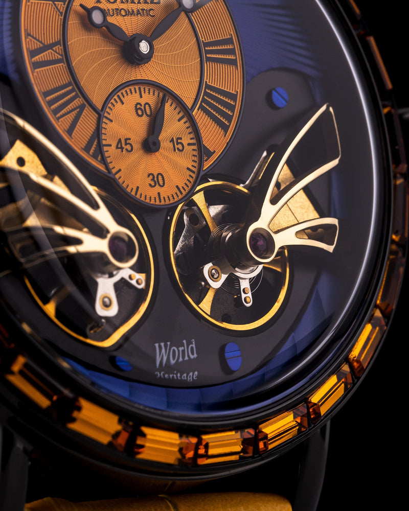 
                  
                    Load image into Gallery viewer, Double Wings Automatic TW001-D4 (Black/Yellow/Blue) with Yellow Swarovski (Yellow Bamboo Leather Strap)
                  
                