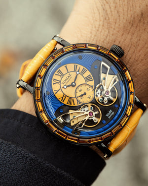 
                  
                    Load image into Gallery viewer, Double Wings Automatic TW001-D4 (Black/Yellow/Blue) with Yellow Swarovski (Yellow Bamboo Leather Strap)
                  
                