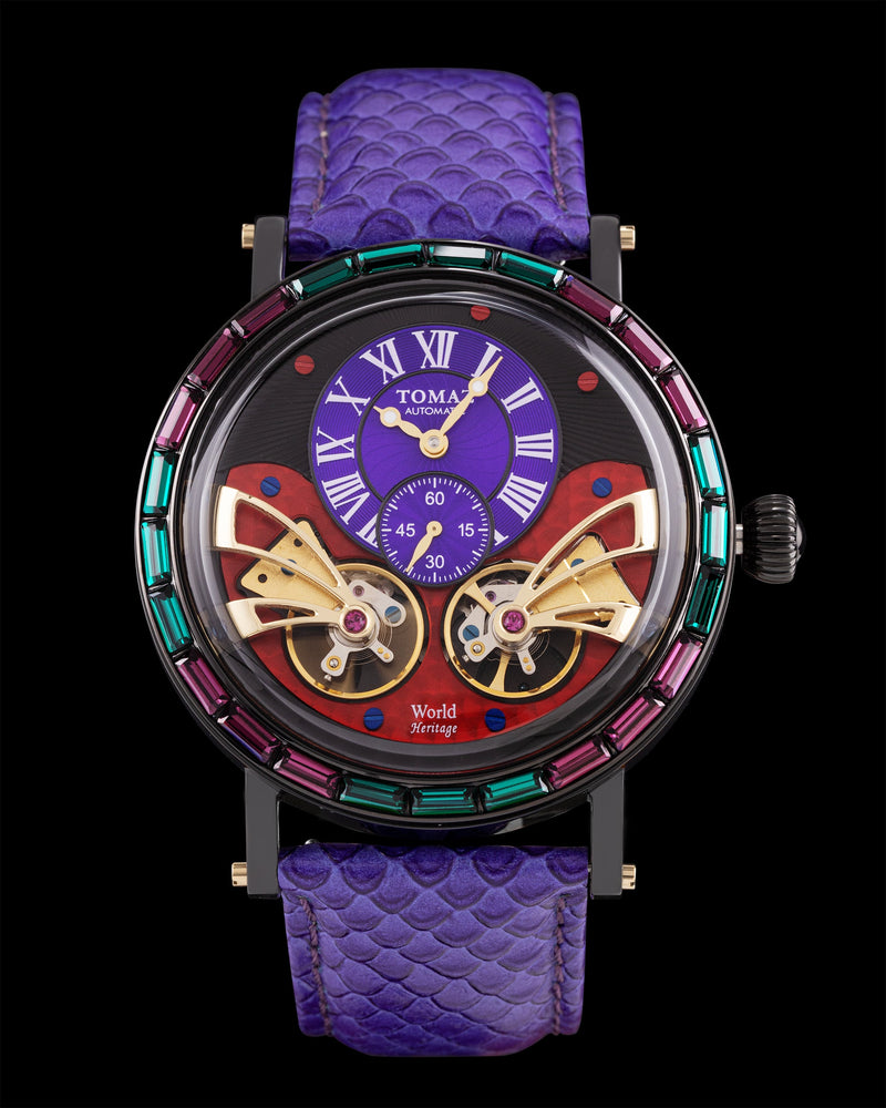 
                  
                    Load image into Gallery viewer, Double Wings Automatic TW001-D5  (Black/Purple/Red) with Purple Green Swarovski (Purple Salmon Leather Strap)
                  
                