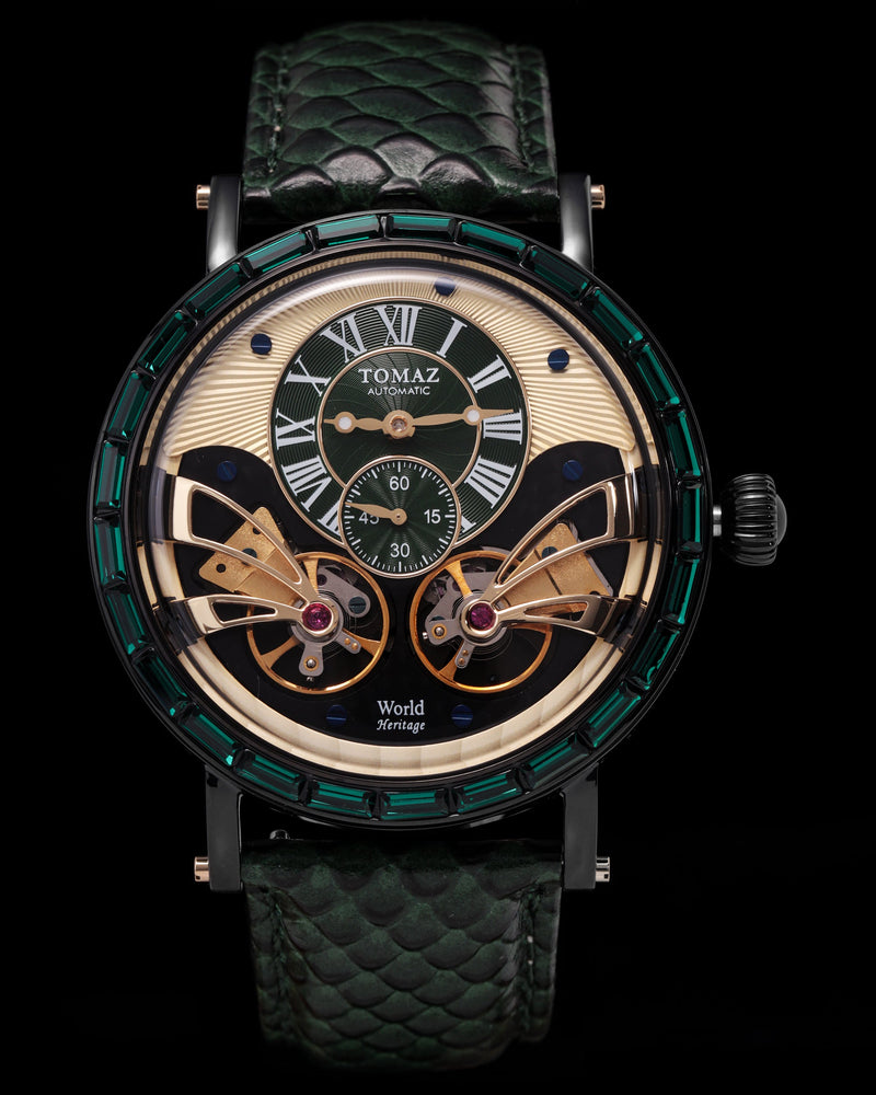 
                  
                    Load image into Gallery viewer, Double Wings Automatic TW001-D6  (Black/Green/Cream) with  Green Swarovski (Green Salmon Leather Strap)
                  
                