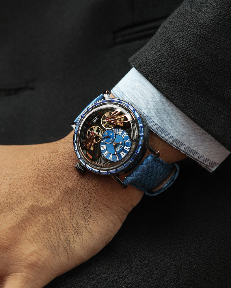 
                  
                    Load image into Gallery viewer, Double Wings Automatic TW001-D7 (Black/Blue) with Blue Swarovski (Blue Salmon Leather Strap)
                  
                