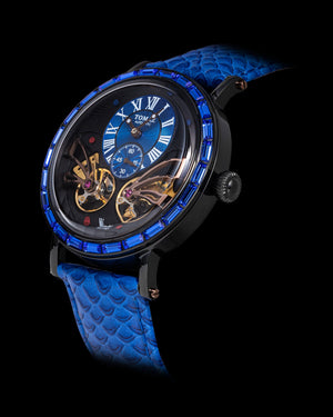 
                  
                    Load image into Gallery viewer, Double Wings Automatic TW001-D7 (Black/Blue) with Blue Swarovski (Blue Salmon Leather Strap)
                  
                