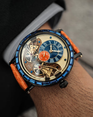 
                  
                    Load image into Gallery viewer, Double Wings Automatic TW001-D8 (Black/Blue/Cream) with Navy Swarovski (Orange Salmon Leather Strap)
                  
                