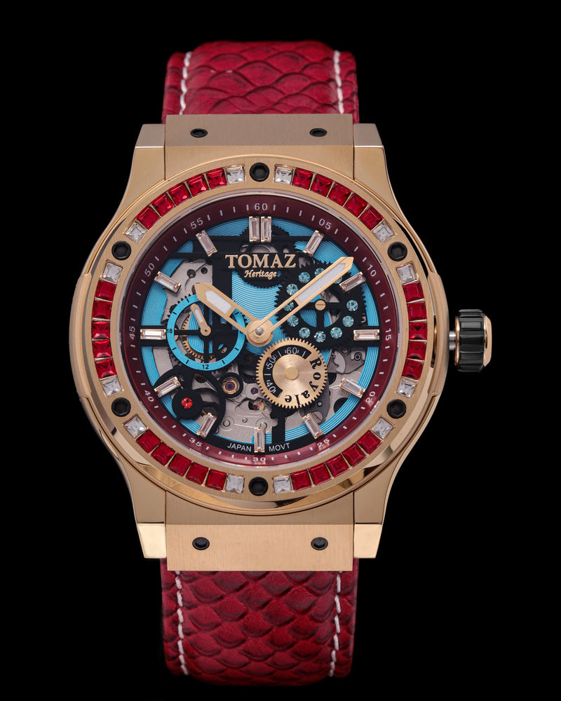 
                  
                    Load image into Gallery viewer, Royale TW014A-D1 (Gold) with Red Swarovski (Red Salmon Leather Strap)
                  
                