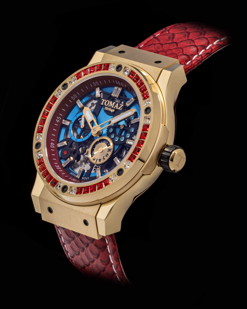 
                  
                    Load image into Gallery viewer, Royale TW014A-D1 (Gold) with Red Swarovski (Red Salmon Leather Strap)
                  
                