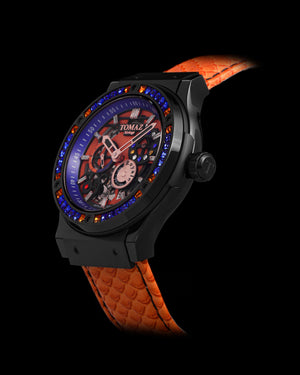 
                  
                    Load image into Gallery viewer, Royale TW014A-D2 (Black) with Blue Orange Swarovski (Orange Salmon Leather Strap)
                  
                