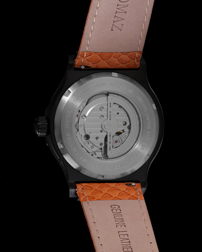 
                  
                    Load image into Gallery viewer, Royale TW014A-D2 (Black) with Blue Orange Swarovski (Orange Salmon Leather Strap)
                  
                