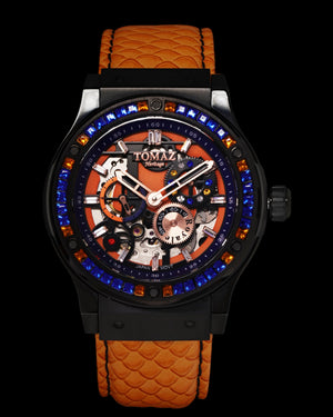 
                  
                    Load image into Gallery viewer, Royale TW014A-D2 (Black) with Blue Orange Swarovski (Orange Salmon Leather Strap)
                  
                