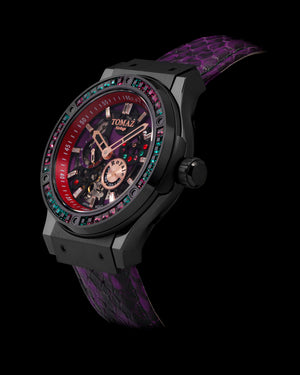 
                  
                    Load image into Gallery viewer, Royale TW014A-D4 (Black) with Green Purple Swarovski (Purple Salmon Leather Strap)
                  
                