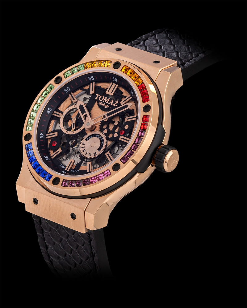 
                  
                    Load image into Gallery viewer, Royale TW014B-D1 (Rosegold) with Rainbow Swarovski (Black Salmon Leather Strap)
                  
                