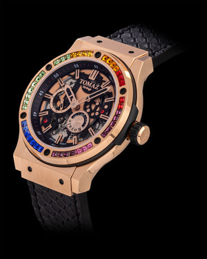 
                  
                    Load image into Gallery viewer, Royale TW014B-D1 (Rosegold) with Rainbow Swarovski (Black Salmon Leather Strap)
                  
                