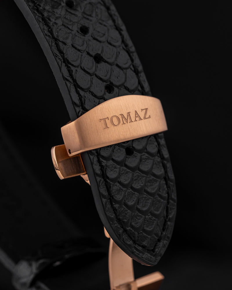 
                  
                    Load image into Gallery viewer, Royale TW014B-D1 (Rosegold) with Rainbow Swarovski (Black Salmon Leather Strap)
                  
                