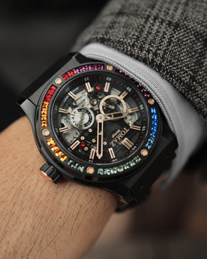 
                  
                    Load image into Gallery viewer, Royale TW014B-D2 (Matte Black) with Rainbow Swarovski (Black Salmon Leather Strap)
                  
                