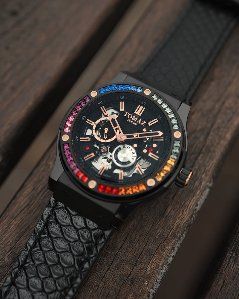 
                  
                    Load image into Gallery viewer, Royale TW014B-D2 (Matte Black) with Rainbow Swarovski (Black Salmon Leather Strap)
                  
                