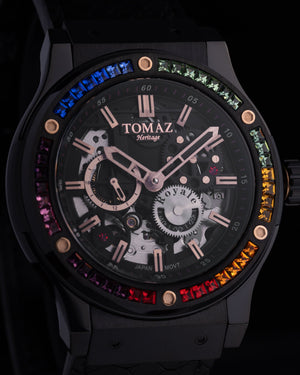 
                  
                    Load image into Gallery viewer, Royale TW014B-D2 (Matte Black) with Rainbow Swarovski (Black Salmon Leather Strap)
                  
                