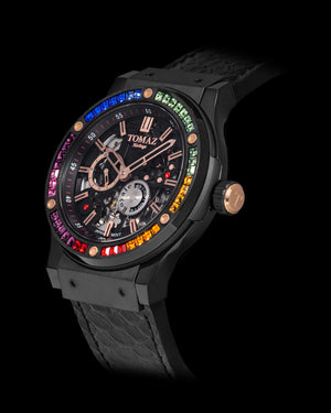 
                  
                    Load image into Gallery viewer, Royale TW014B-D2 (Matte Black) with Rainbow Swarovski (Black Salmon Leather Strap)
                  
                