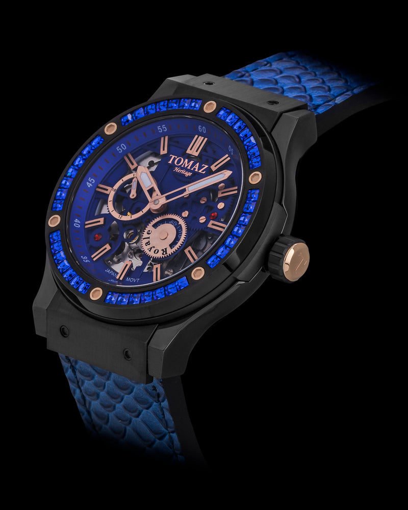 
                  
                    Load image into Gallery viewer, Royale TW014B-D3 (Black) with Blue Swarovski (Blue Salmon Leather Strap)
                  
                