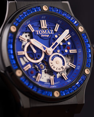 
                  
                    Load image into Gallery viewer, Royale TW014B-D3 (Black) with Blue Swarovski (Blue Salmon Leather Strap)
                  
                