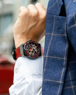 
                  
                    Load image into Gallery viewer, Royale TW014B-D4 (Black) with Red Swarovski (Red Salmon Leather Strap)
                  
                