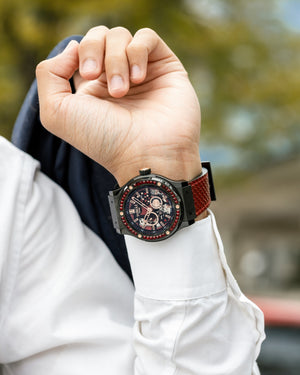 
                  
                    Load image into Gallery viewer, Royale TW014B-D4 (Black) with Red Swarovski (Red Salmon Leather Strap)
                  
                