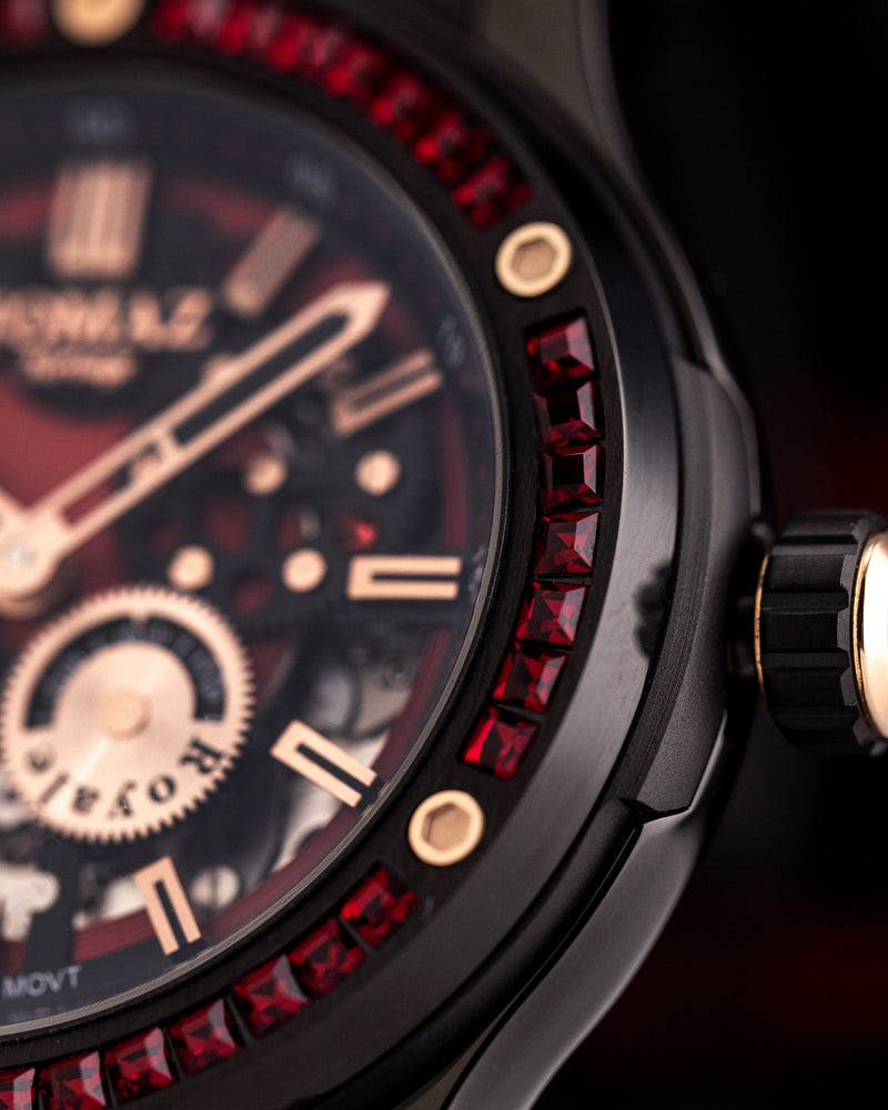 
                  
                    Load image into Gallery viewer, Royale TW014B-D4 (Black) with Red Swarovski (Red Salmon Leather Strap)
                  
                