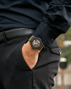 
                  
                    Load image into Gallery viewer, Royale TW014B-D5 (Full Black) with Black Swarovski (Yellow Salmon Leather Strap)
                  
                