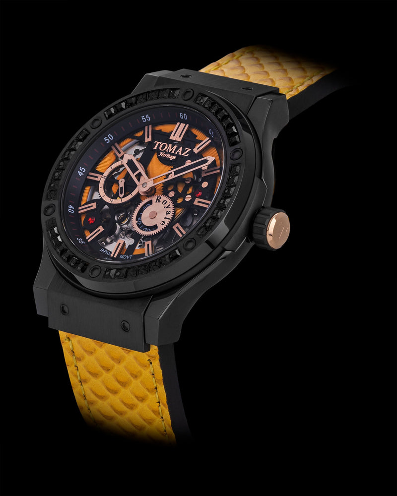 
                  
                    Load image into Gallery viewer, Royale TW014B-D5 (Full Black) with Black Swarovski (Yellow Salmon Leather Strap)
                  
                