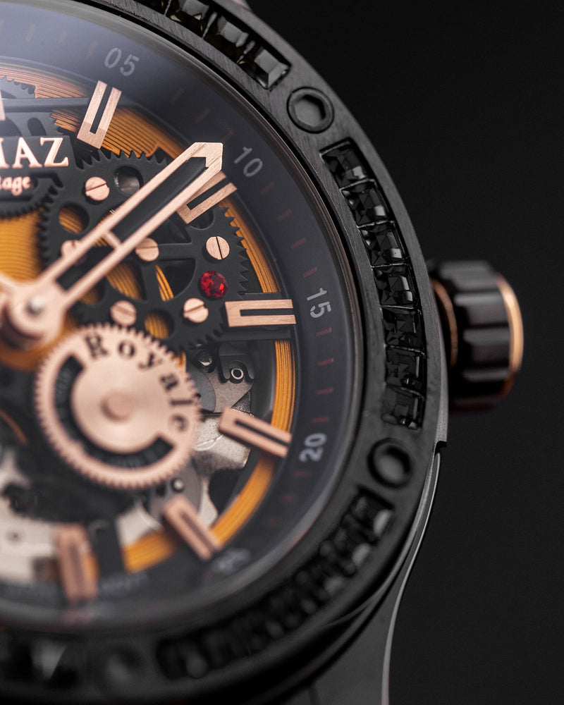 
                  
                    Load image into Gallery viewer, Royale TW014B-D5 (Full Black) with Black Swarovski (Yellow Salmon Leather Strap)
                  
                