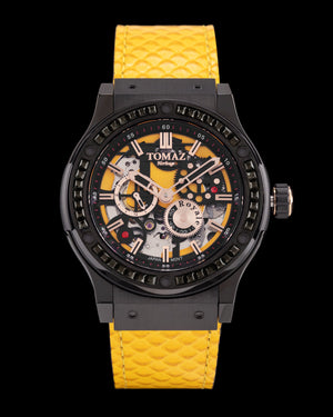 
                  
                    Load image into Gallery viewer, Royale TW014B-D5 (Full Black) with Black Swarovski (Yellow Salmon Leather Strap)
                  
                