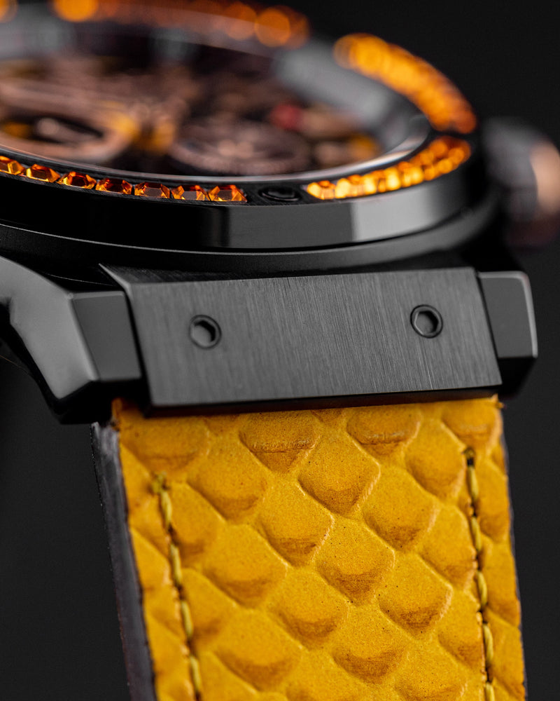 
                  
                    Load image into Gallery viewer, Royale TW014B-D6 (Black/Yellow) with Yellow Swarovski (Yellow Salmon Leather Strap)
                  
                