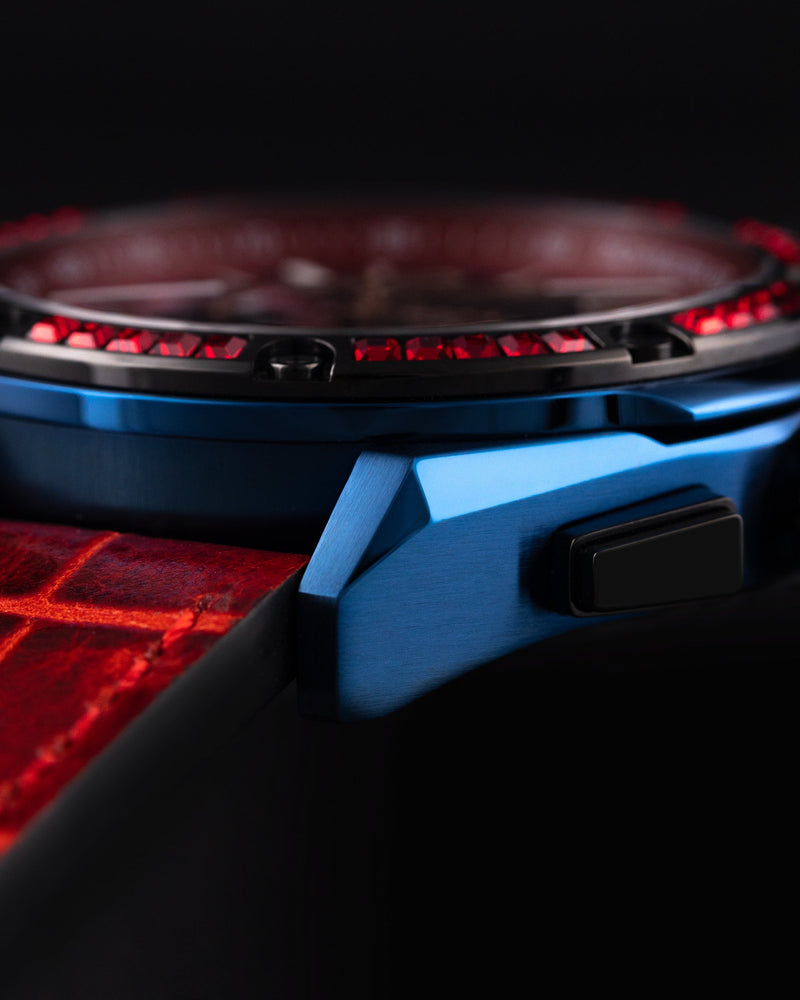 
                  
                    Load image into Gallery viewer, RAWR III TW024A-D4 (Navy/Black) with Red Swarovski (Red Bamboo Leather Strap)
                  
                