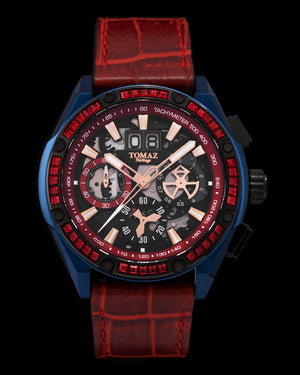 
                  
                    Load image into Gallery viewer, RAWR III TW024A-D4 (Navy/Black) with Red Swarovski (Red Bamboo Leather Strap)
                  
                