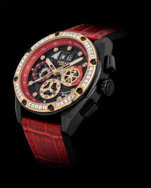 
                  
                    Load image into Gallery viewer, RAWR III TW024E-D3 (Black/Red) with White Swarovski (Red Bamboo Leather Strap)
                  
                